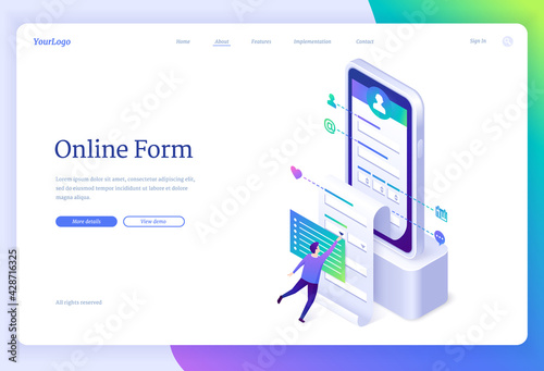 Online form banner. Web application for registration account, digital survey. Vector landing page with isometric illustration of person fills profile information in mobile app on smartphone