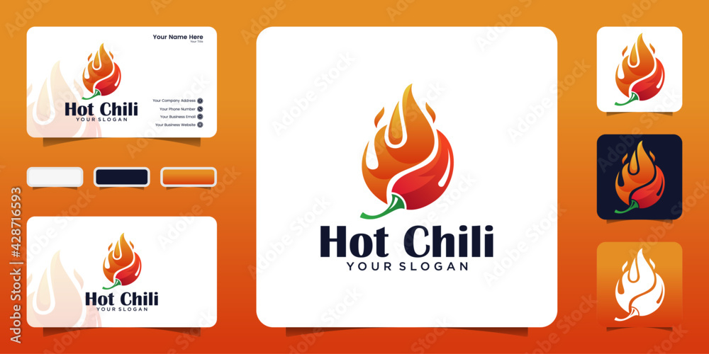 Hot chili, spicy food logo design template and business card Stock