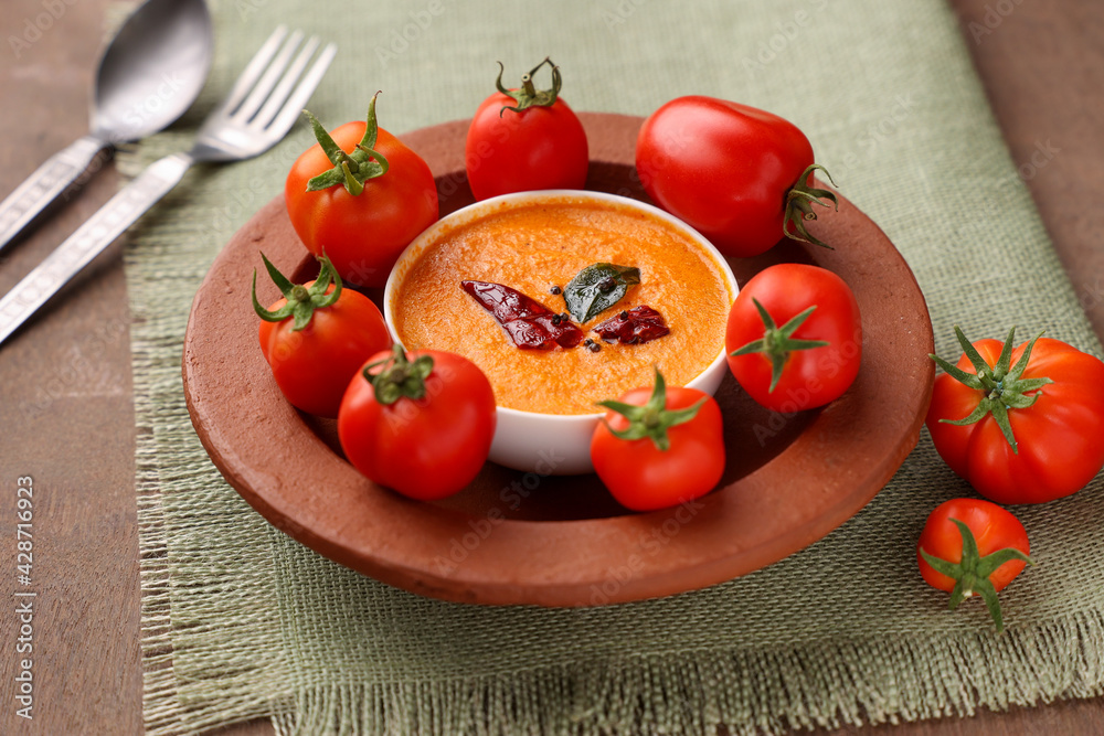 Homemade Coconut chutney, Indian tomato chutney dip. onion chilli