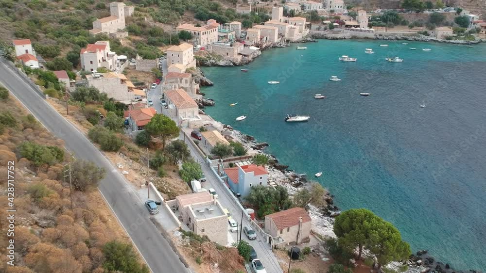 Iconic aerial view over the picturesque famous Limeni village in Mani area Laconia, Greece Iconic aerial view over the picturesque famous Limeni village in Mani area Laconia, Greece