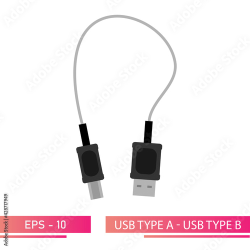 USB type A - USB type B, adapter, extension cable. On a white background. Flat vector illustration.