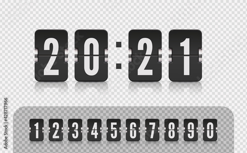Scoreboard number font with reflections. Retro design score board clock template isolated on transparent background. Vector modern ui design of old time meter with numbers.
