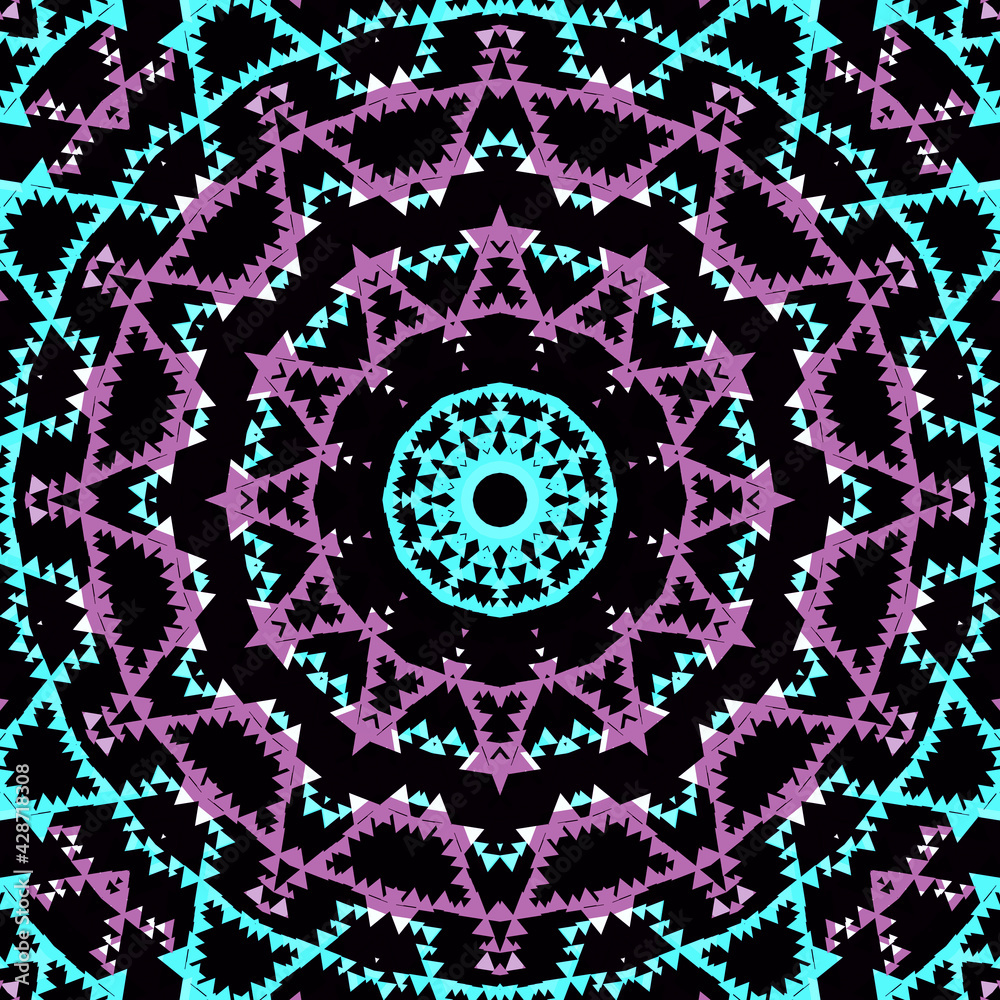 Seamless abstract pattern. Lilac, black and turquoise mandala.
