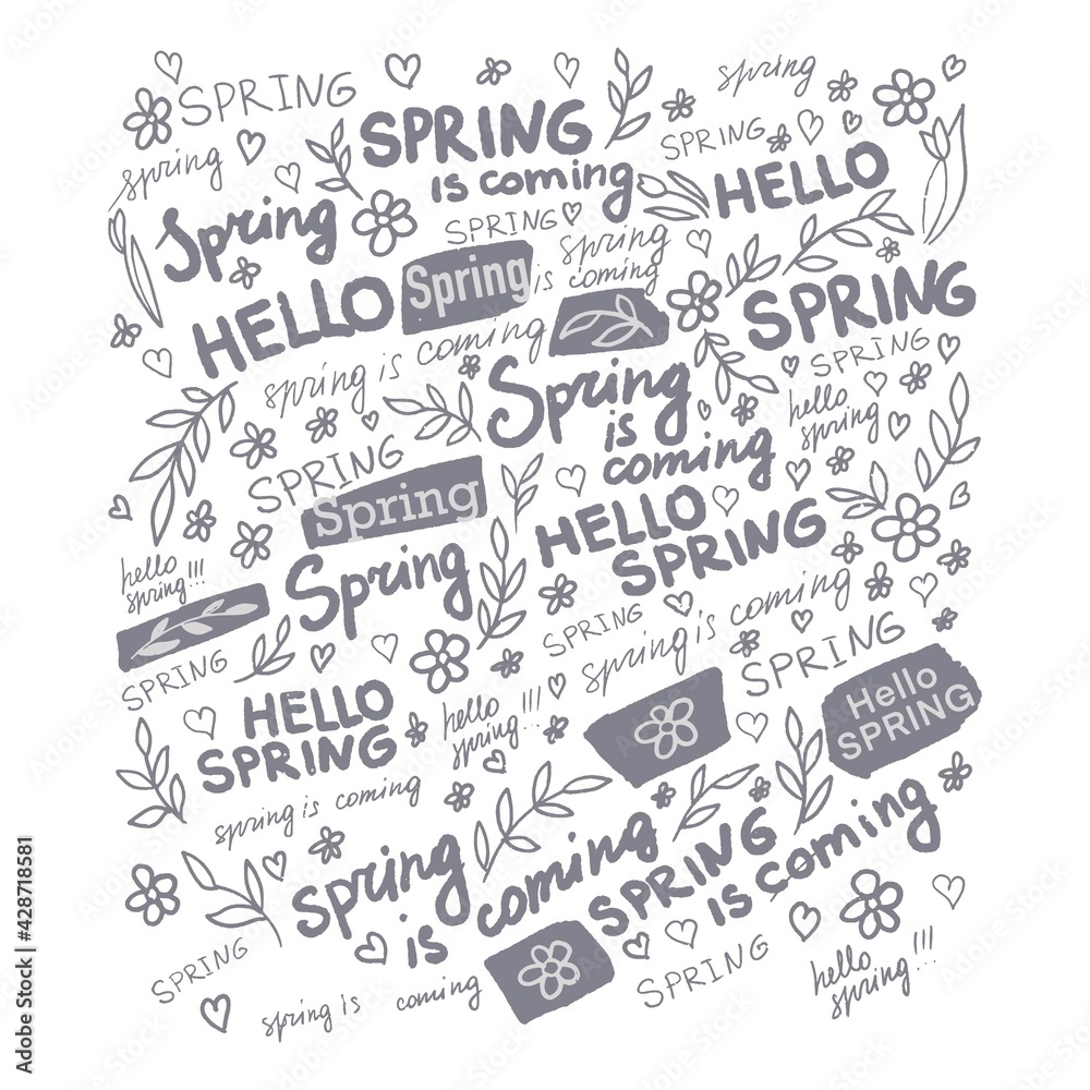 Hello spring, card with inscriptions and flowers