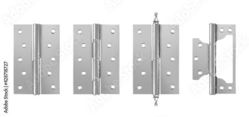 Metal door hinges, silver construction hardware isolated on white background. Vector realistic set of iron tools for joint gates and windows. 3d steel hinges for house and furniture