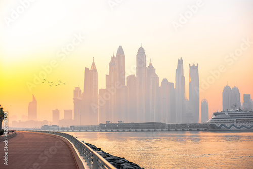 Morning Panorama of Dubai marina at sunrise, UAE