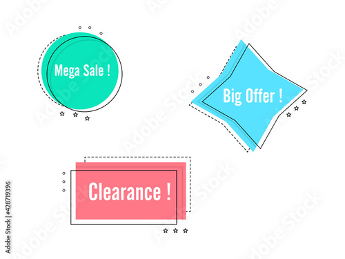 Flat linear promotion banner, scroll, price tag, badge, poster. Vector illustration