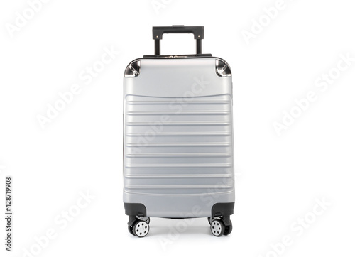 Vászonkép Gray suitcase with wheels for towing Put on a white background