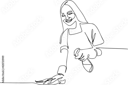 Woman attractive hardworking making domestic work cleansing everyday duty minimal concept one line