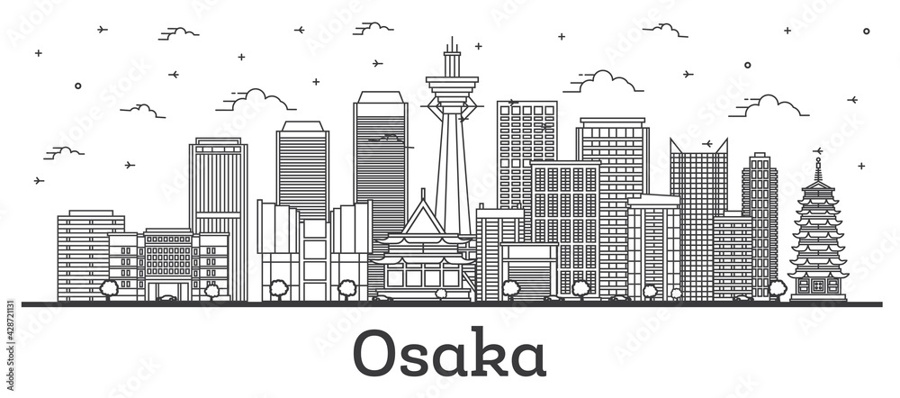 Fototapeta premium Outline Osaka Japan City Skyline with Modern Buildings Isolated on White.