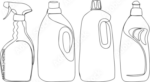 Set of four bottles and containers for a variety of cleaning and degreasing agents minimal concept one line. Disinfection and disinfection of the premises.