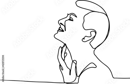 minimal concept one line profile of a beautiful mature woman touching her neck. Aging is graceful