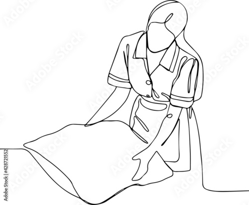 chambermaid putting stack of fresh towels in bedroom minimal concept one line