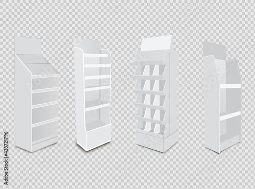 White Long Blank Empty Showcase Displays With Retail Shelves. 3D Products On White Background Isolated. Ready For Your Design Avy Scott