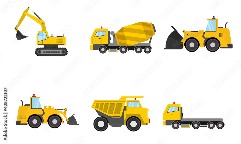 Naklejka premium Construction machines set transportation for the construction site, cargo truck, excavator, crane, tractor. Machines, bulldozers Special equipment Vector illustration