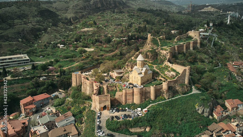 Aerial view of the Narikala fortress and the Church of St. Nicholas. District of Old Tbilisi