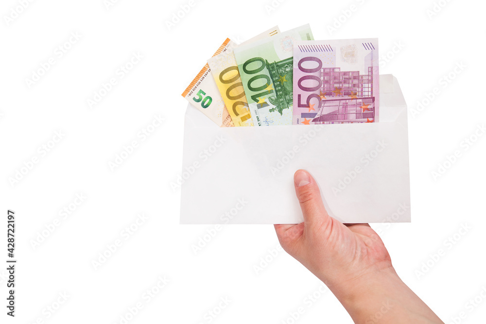 female hand holds an envelope with euro on a white background. female hand holds an envelope with euro on a white background.