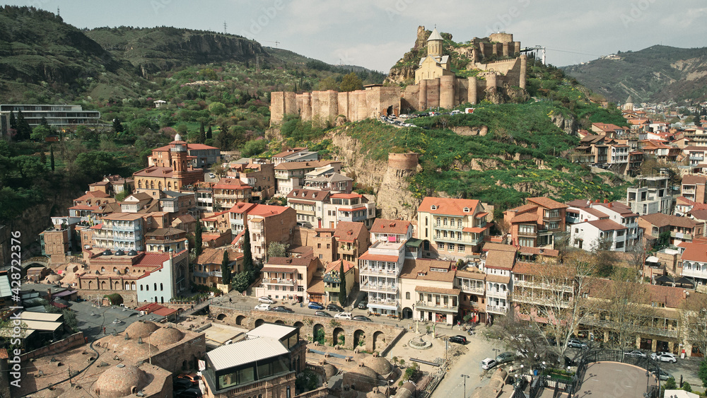 Aerial view of the Narikala fortress and the Church of St. Nicholas. District of Old Tbilisi