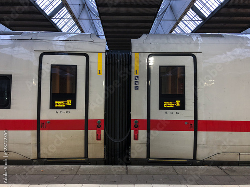 High speed ICE Inter City Express  train at Munich main station with detail view of doors of two waggons photo