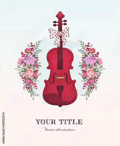 Hand drawn illustration of violin and flowers