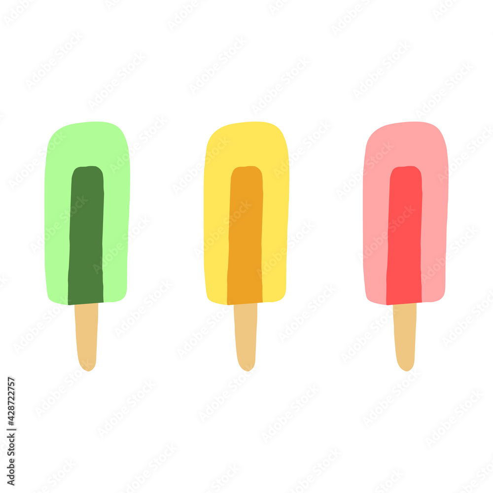 Hand drawn vector illustration of ice cream or frozen juice popsicles in green, yellow, red colors. Isolated on white background. Hand drawn vector illustration of ice cream or frozen juice popsicles in green, yellow, red colors. Isolated on white background.