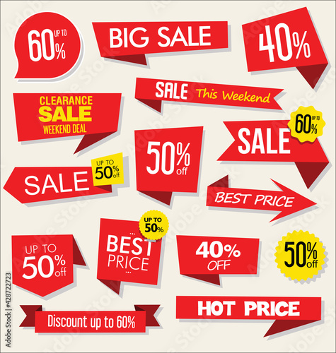 Collection of red sale stickers and tags 