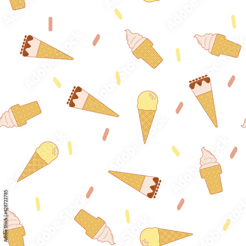 Line art vector illustration of waffle cone with ball of ice cream or gelato in pastel colors. Seamless pattern.