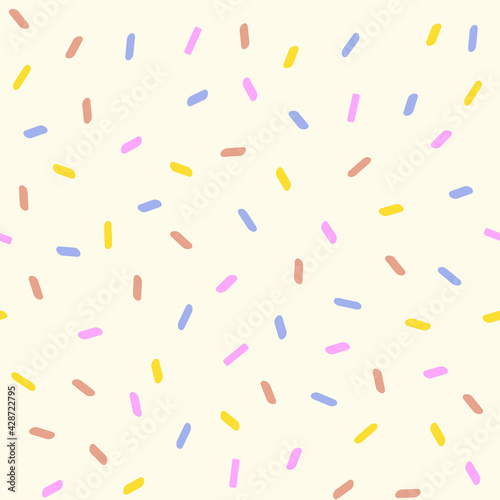 Line art vector illustration of pink, brown, yellow, blue colors ice cream sprinkles in pastel colors. Seamless pattern.