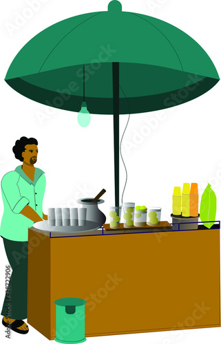Indian small shopkeeper making lemon juice on his shop, summer umbrella, dustbin, bulb, juicer