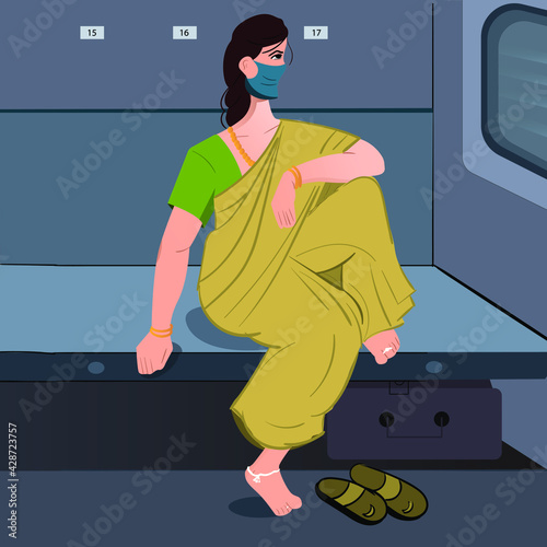 Indian woman sitting on a train seat and looking at window, wearing mask, traditional dress Saree.