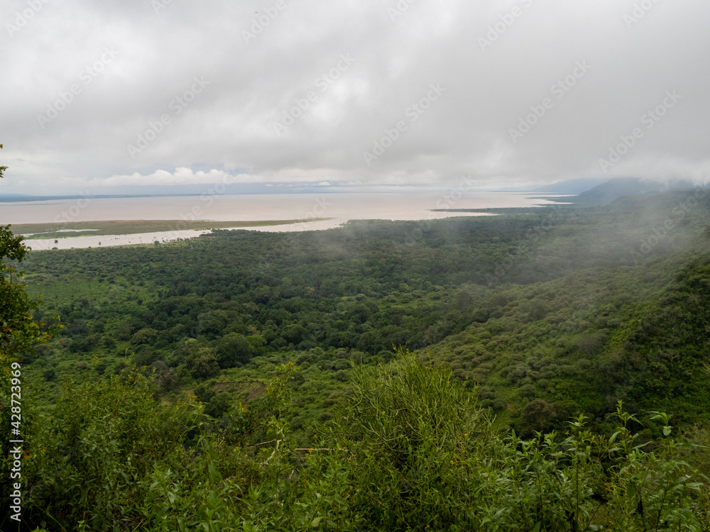 Lake Manyara, Tanzania, Africa - March 2, 2020: Scenic overlook of Lake Manyara