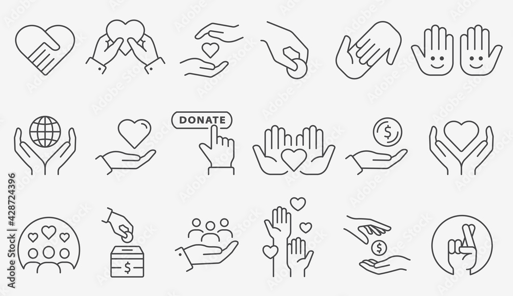 Charity icon set. Collection of donate, volunteer, care and more. Editable stroke.