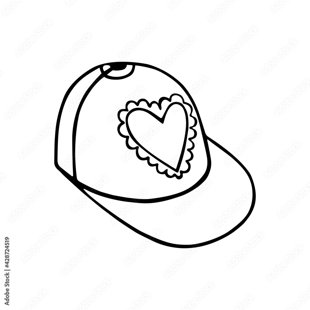 Baseball cap with a patch in the form of a lace heart. Hand-drawn vector illustration of a doodle-style headdress, isolated. A declaration of love. For stores, postcards, and Valentine's Day stickers. Baseball cap with a patch in the form of a lace heart. Hand-drawn vector illustration of a doodle-style headdress, isolated. A declaration of love. For stores, postcards, and Valentine's Day stickers.