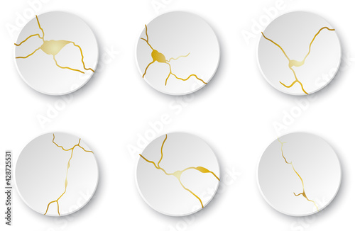 Gold Kintsugi cracks set. Broken and crack effect, craquelure and damaged texture. Vector illustrations can be used for kintsugi decorations, wall arts, home decoration, print and wallpaper.