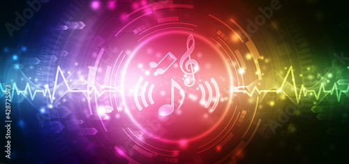 Abstract Colorful music background with notes, futuristic abstract glowing music wave background