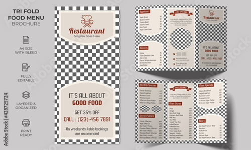 Vector Tri-fold Food Menu Brochure Template, simple style and modern layout