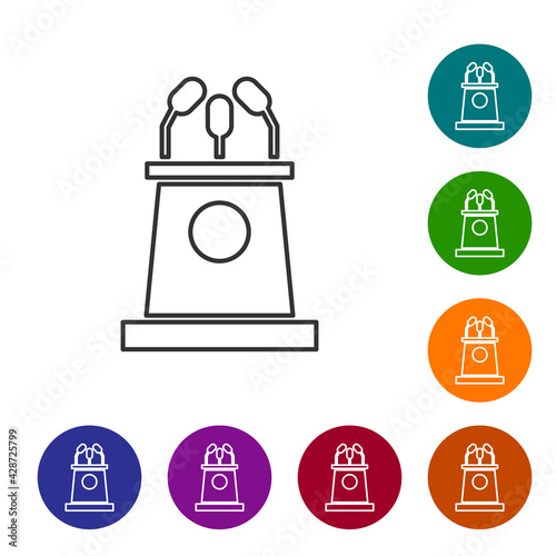 Black line Stage stand or debate podium rostrum icon isolated on white background. Conference speech tribune. Set icons in color circle buttons. Vector Illustration