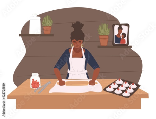 Female character baking cookies at home in kitchen