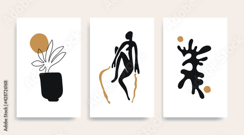 Contemporary Henri Matisse abstract vector poster. Woman figure silhouette line art Matisse painting. Pastel reproduction of painting. Geometric shape collage.