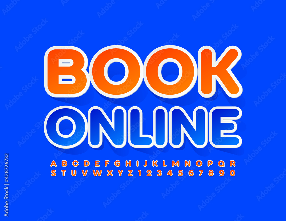 Vector bright banner Book Online. Orange sticker Font. Bright Alphabet Letters and Numbers set