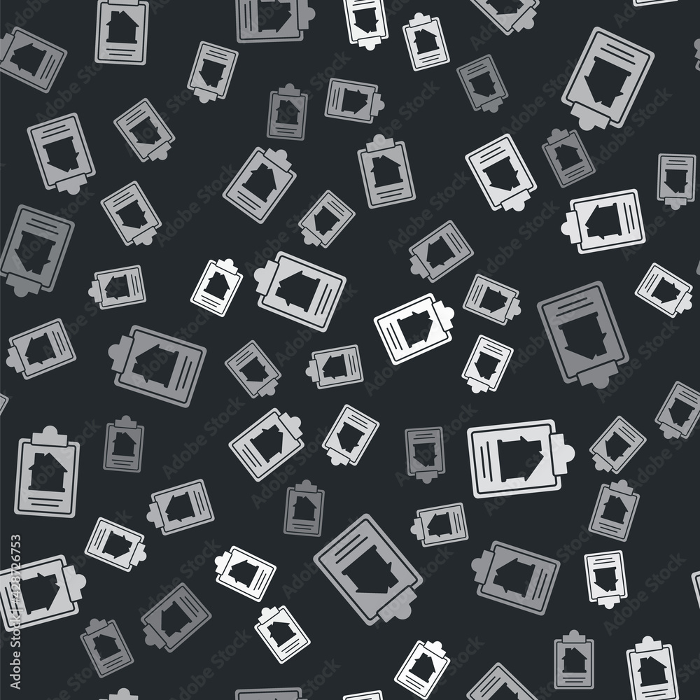 Grey House contract icon isolated seamless pattern on black background. Contract creation service, document formation, application form composition. Vector