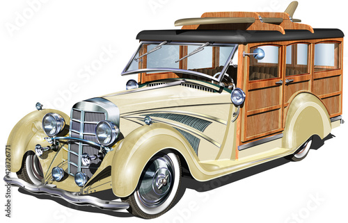 Retro Woody Car with surfboards.