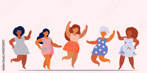 Happy fat women dance. A plus-size female with excess weight. Vector illustration. All bodies are beautiful Body positive. Girls in summer dresses relax.