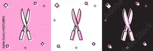 Set Gardening handmade scissors for trimming icon isolated on pink and white, black background. Pruning shears with wooden handles. Vector