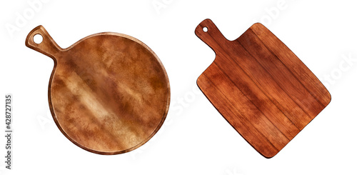 Wooden cutting board in a watercolor style isolated on white background. Round and rectangular serving board. Mockup for food project for stylish kitchen