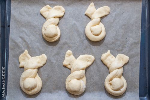 sweet home made easter bunny pastry. Making Easter Bunny Buns of delicious sweet dough