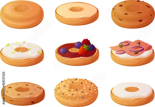 Vector illustration of bagels with toppings isolated on white background