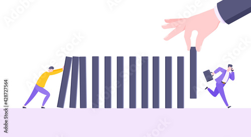 Business resilience or domino effect metaphor vector illustration concept. Adult young businessman pushing falling domino line business concept of problem solving and hand stopping chain reaction.