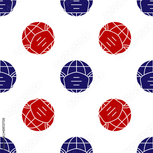 Blue and red Earth globe with medical mask icon isolated seamless pattern on white background. Vector.