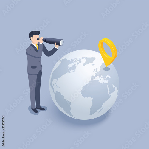 isometric vector illustration on gray background, perspective location, man in business suit with spyglass and globe with location icon